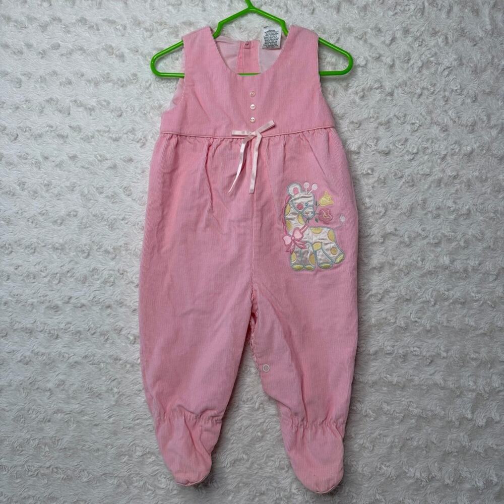 Vintage Pink Corduroy One Piece Footie Overalls Baby Giraffe 6/9 months CUTE